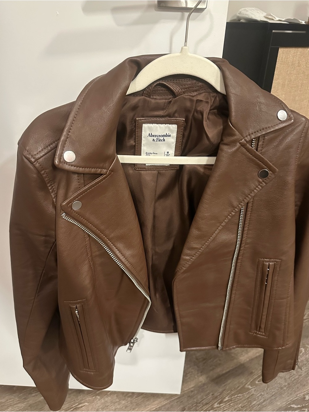 Abercrombie & Fitch Women's Brown Leather Moto Jacket with Silver Hardware